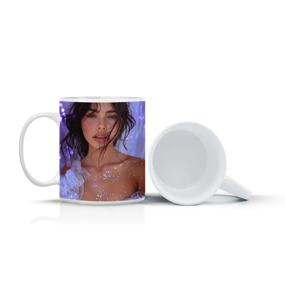 Woman With Glitter Purple Bokeh Background – Mugs