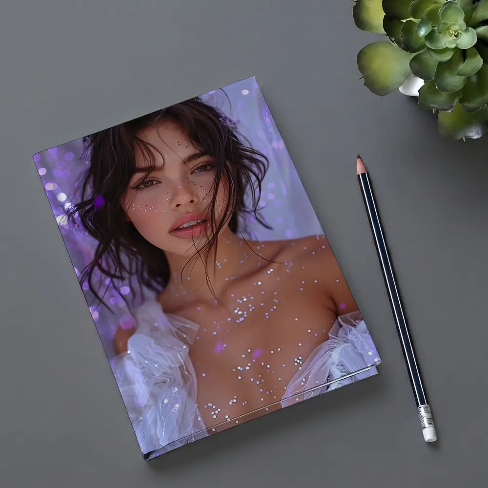 Woman With Glitter Purple Bokeh Background – Notebooks