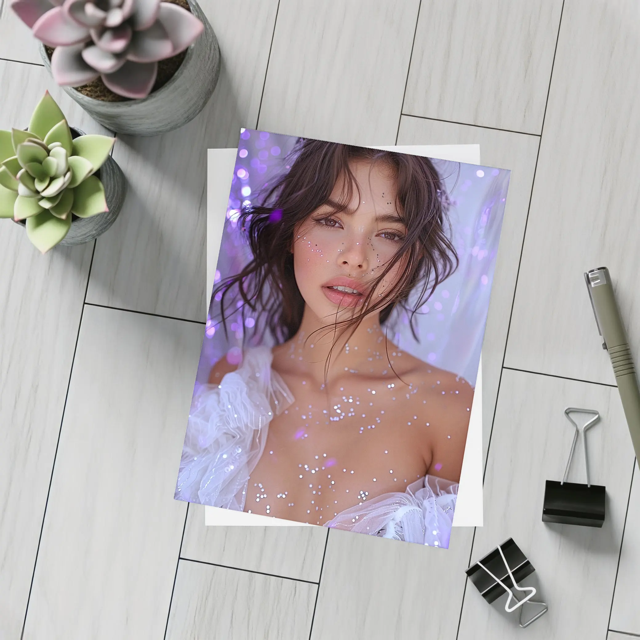 Woman With Glitter Purple Bokeh Background – Postcards