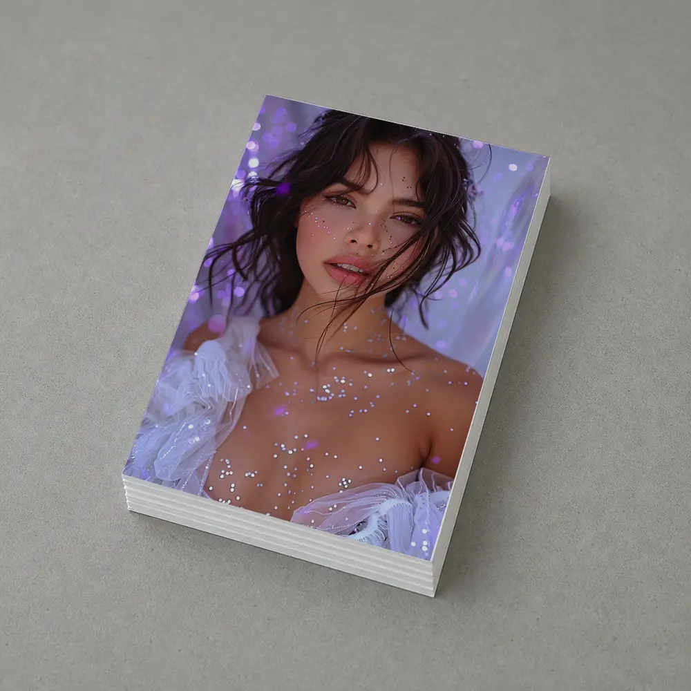 Woman With Glitter Purple Bokeh Background – Postcards