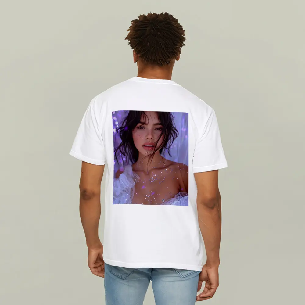 Woman With Glitter Purple Bokeh Background – T-Shirts