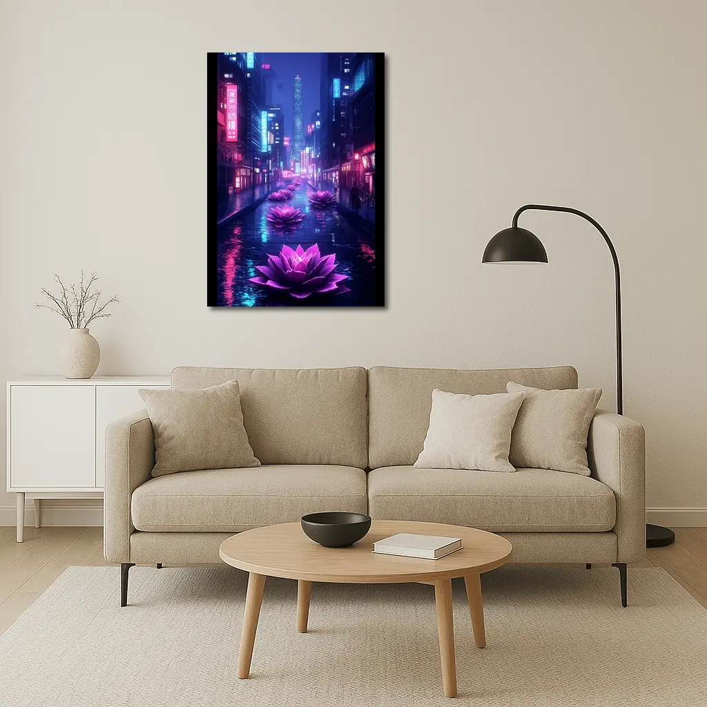 Neon Lotus Flowers Rainy Cyberpunk City Street – Wall Art