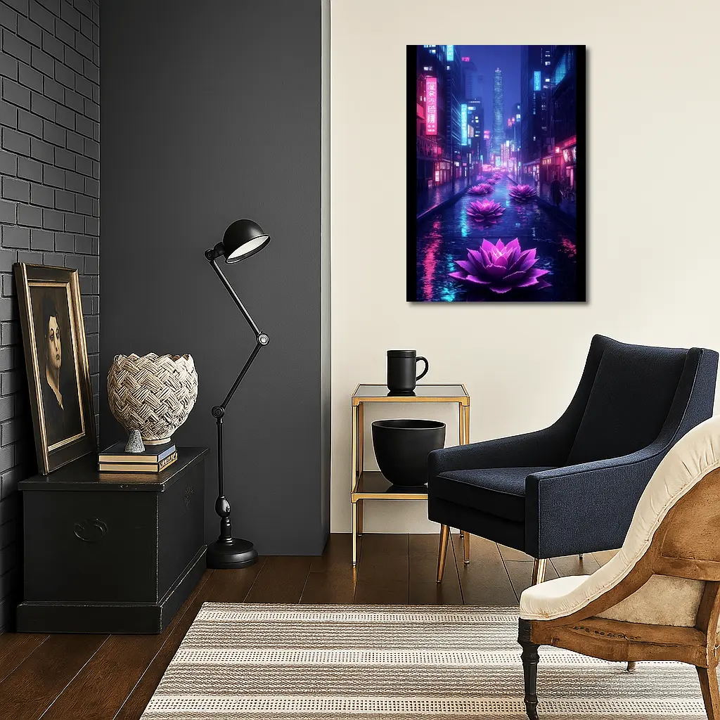 Neon Lotus Flowers Rainy Cyberpunk City Street – Wall Art