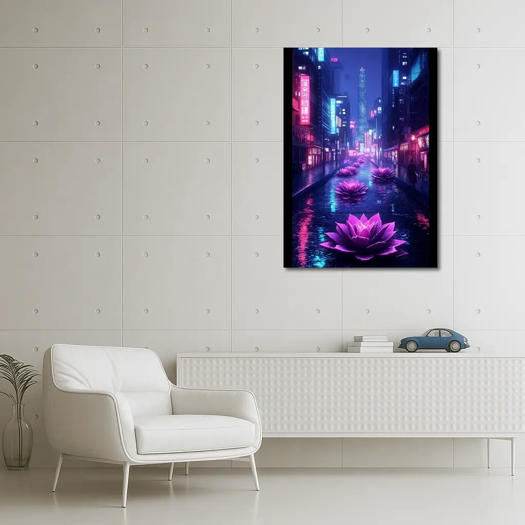 Neon Lotus Flowers Rainy Cyberpunk City Street – Wall Art