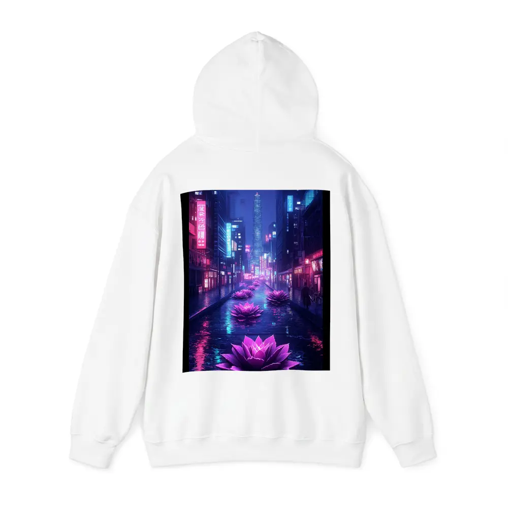 Neon Lotus Flowers Rainy Cyberpunk City Street – Hoodies