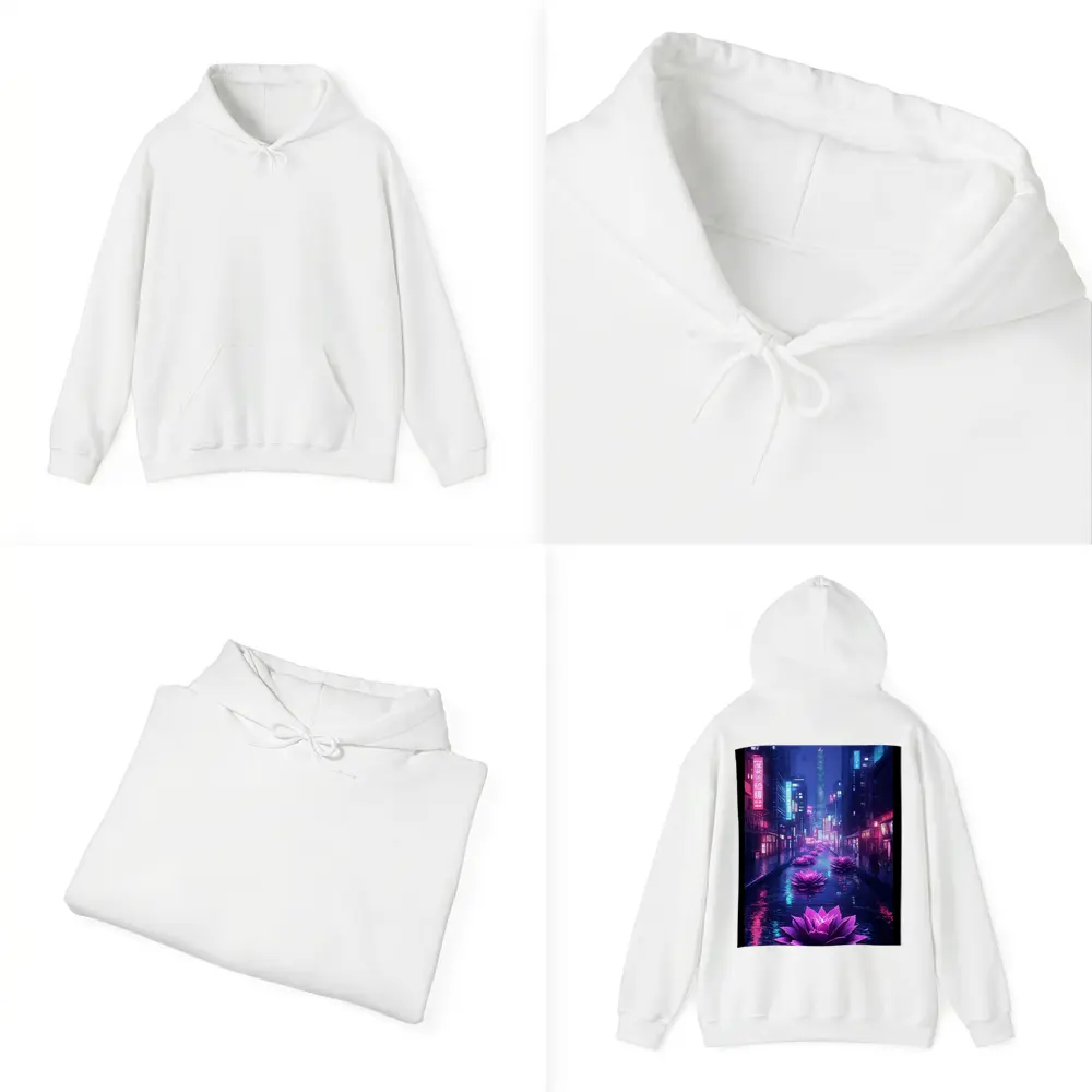 Neon Lotus Flowers Rainy Cyberpunk City Street – Hoodies