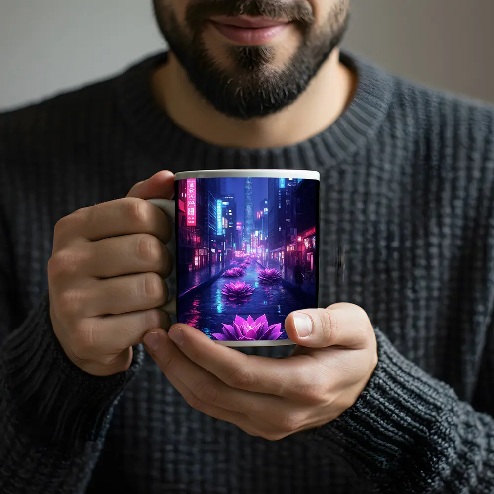 Neon Lotus Flowers Rainy Cyberpunk City Street – Mugs