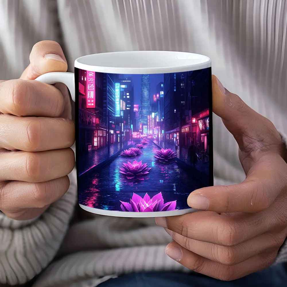 Neon Lotus Flowers Rainy Cyberpunk City Street – Mugs