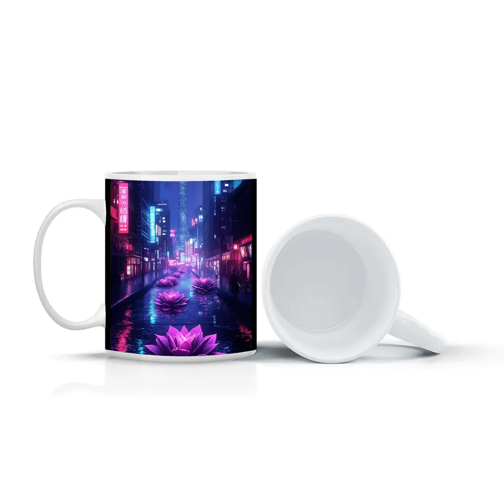 Neon Lotus Flowers Rainy Cyberpunk City Street – Mugs