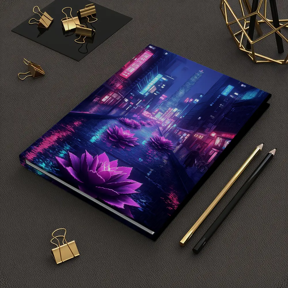 Neon Lotus Flowers Rainy Cyberpunk City Street – Notebooks