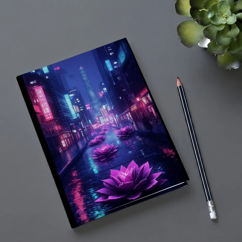 Neon Lotus Flowers Rainy Cyberpunk City Street – Notebooks