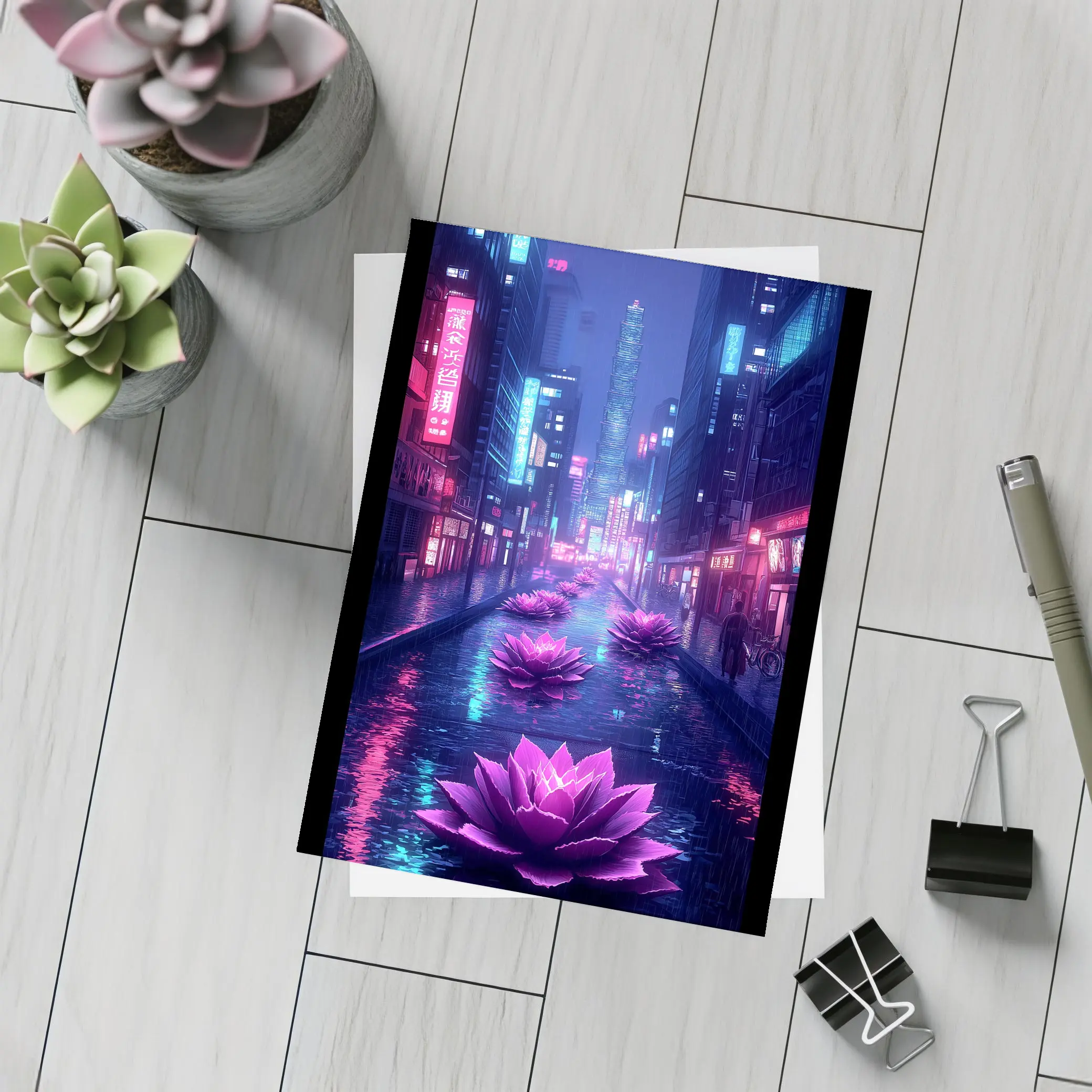 Neon Lotus Flowers Rainy Cyberpunk City Street – Postcards