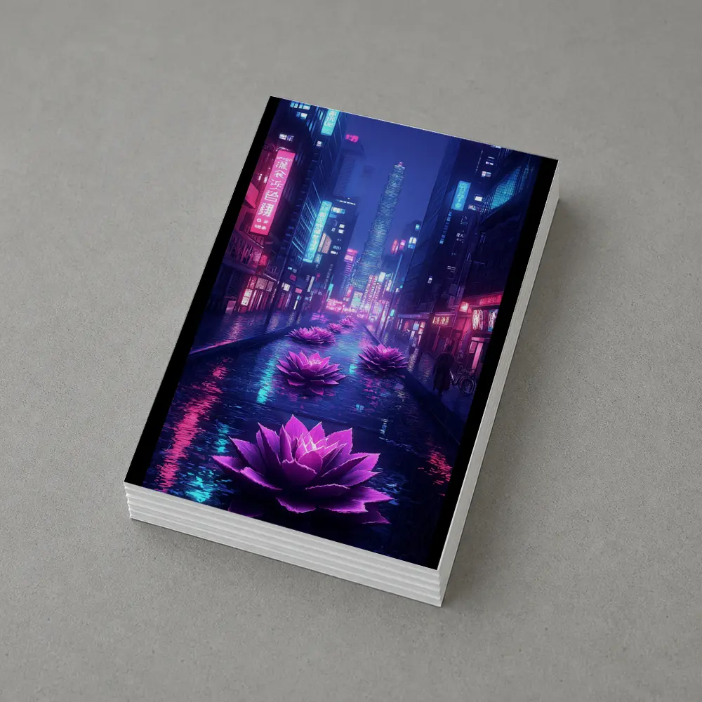 Neon Lotus Flowers Rainy Cyberpunk City Street – Postcards