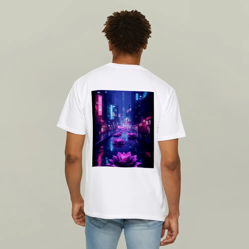 Neon Lotus Flowers Rainy Cyberpunk City Street – T-Shirts