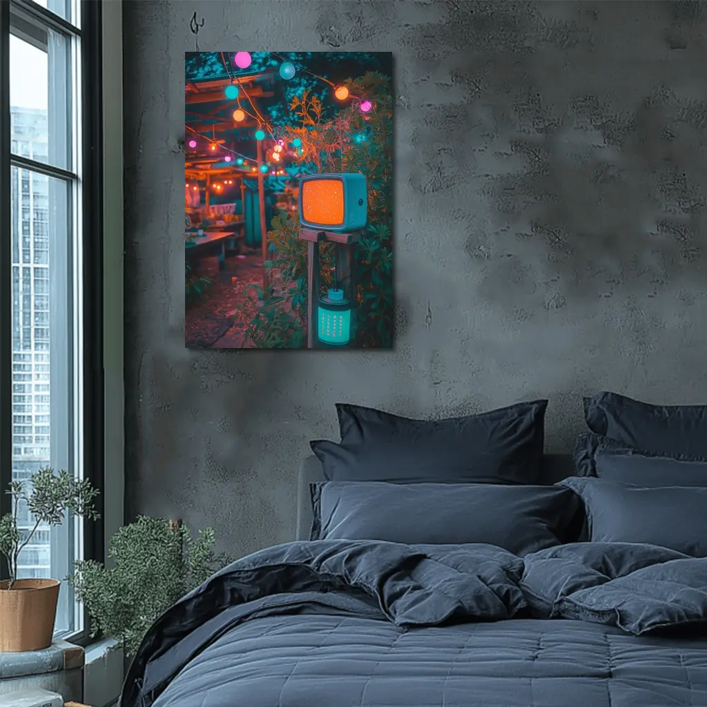 Retro TV Garden Glowing String Lights Night – Wall Art