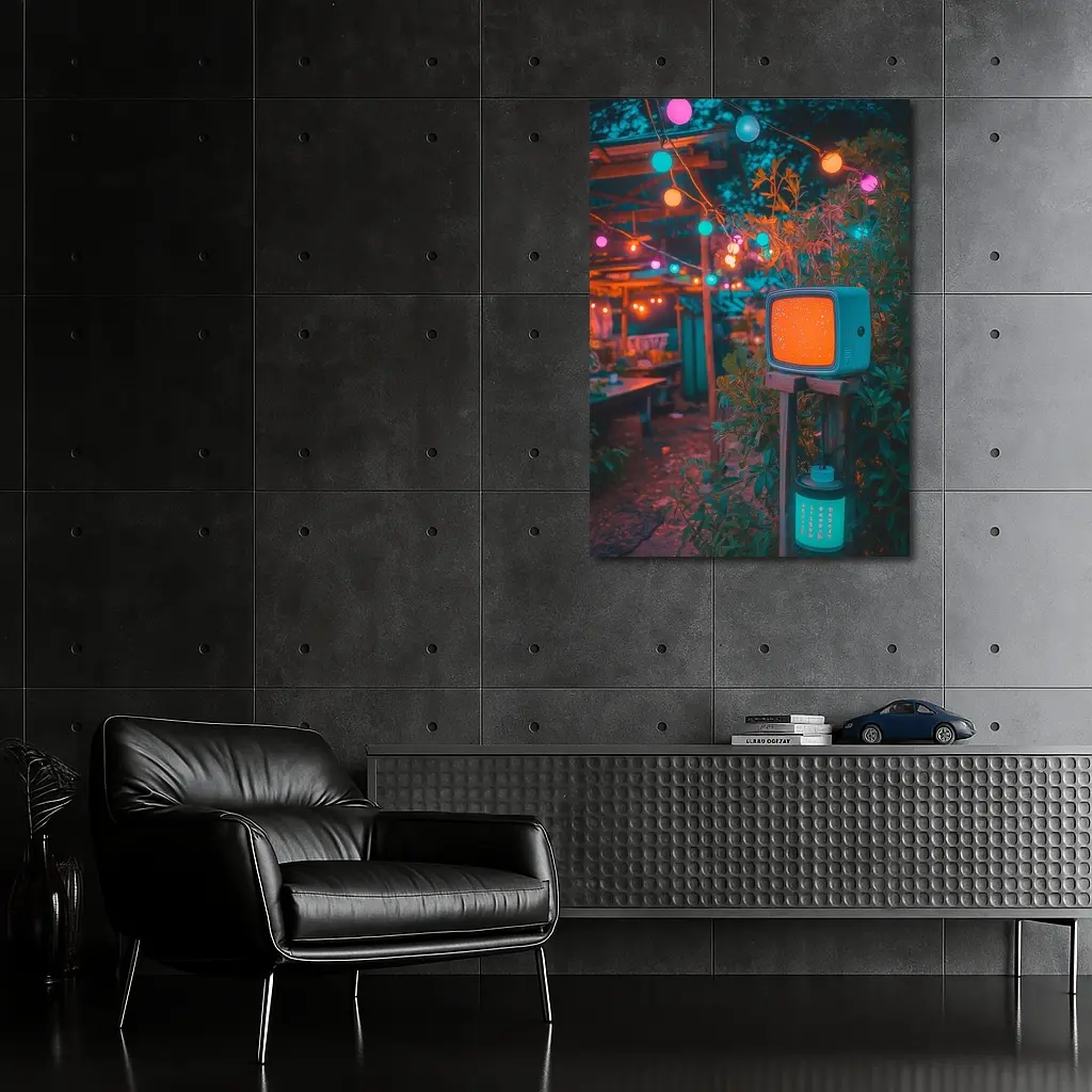 Retro TV Garden Glowing String Lights Night – Wall Art