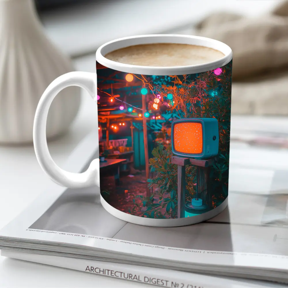 Retro TV Garden Glowing String Lights Night – Mugs