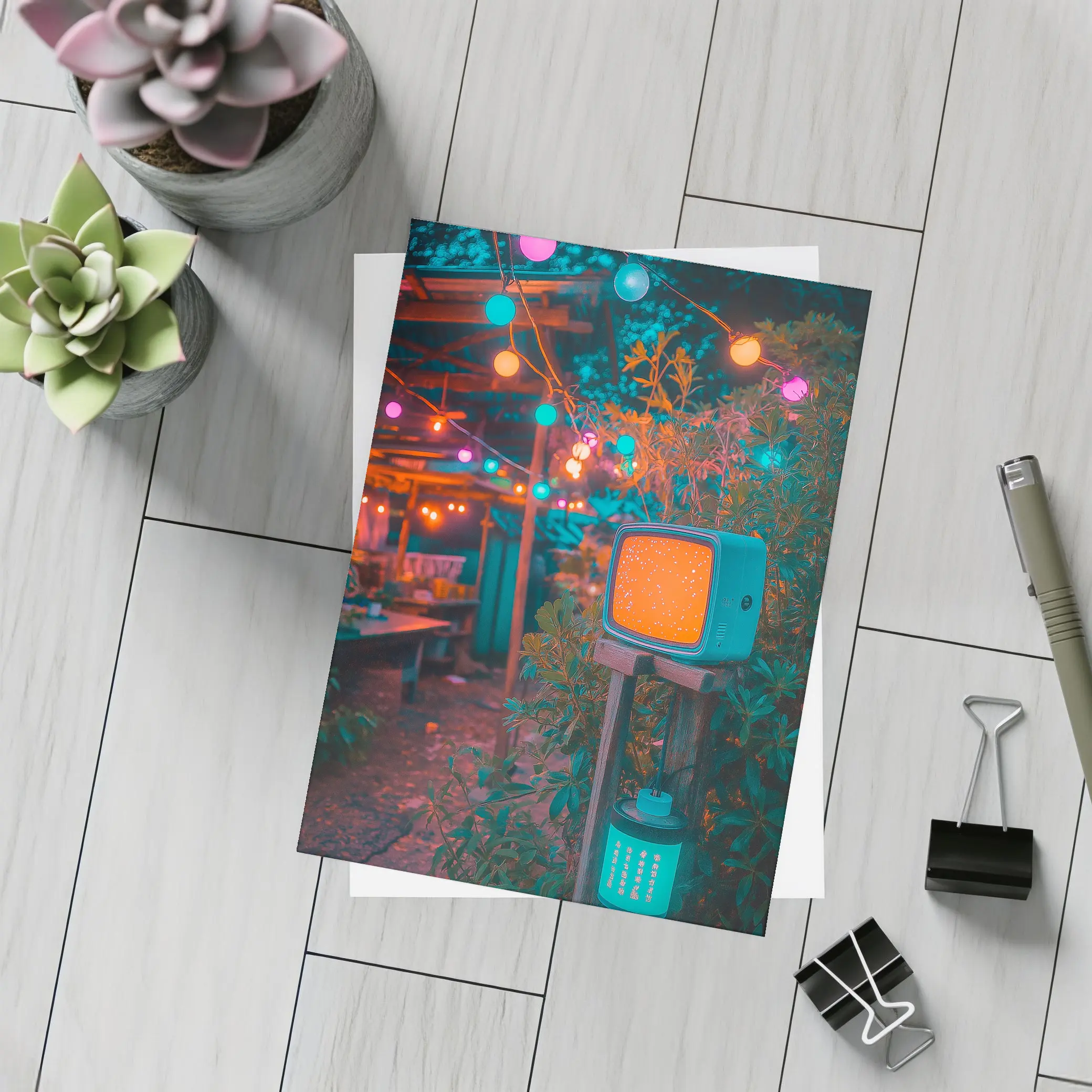 Retro TV Garden Glowing String Lights Night – Postcards