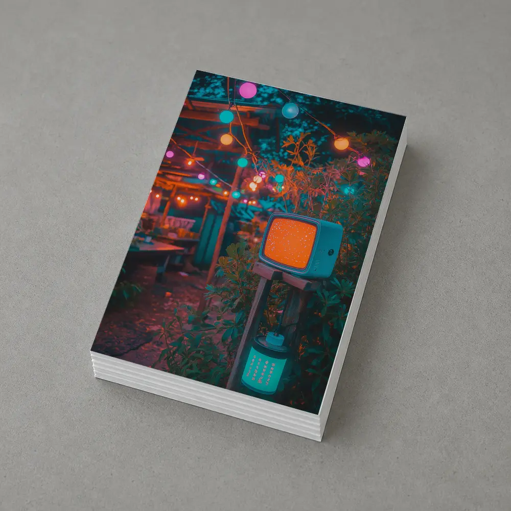Retro TV Garden Glowing String Lights Night – Postcards