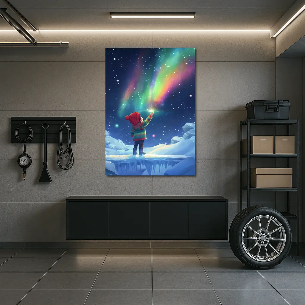 Child Pointing at Northern Lights Winter Night – Wall Art