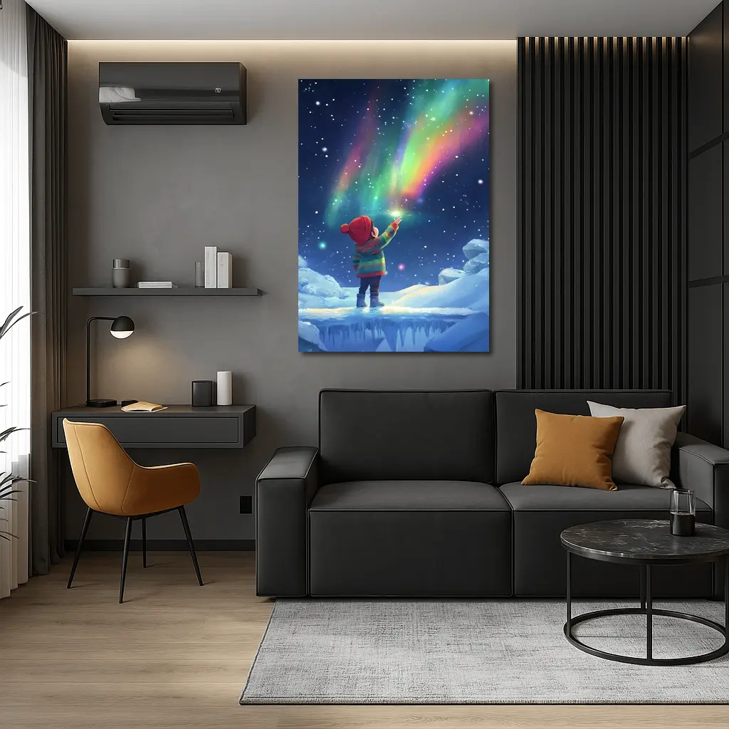 Child Pointing at Northern Lights Winter Night – Wall Art