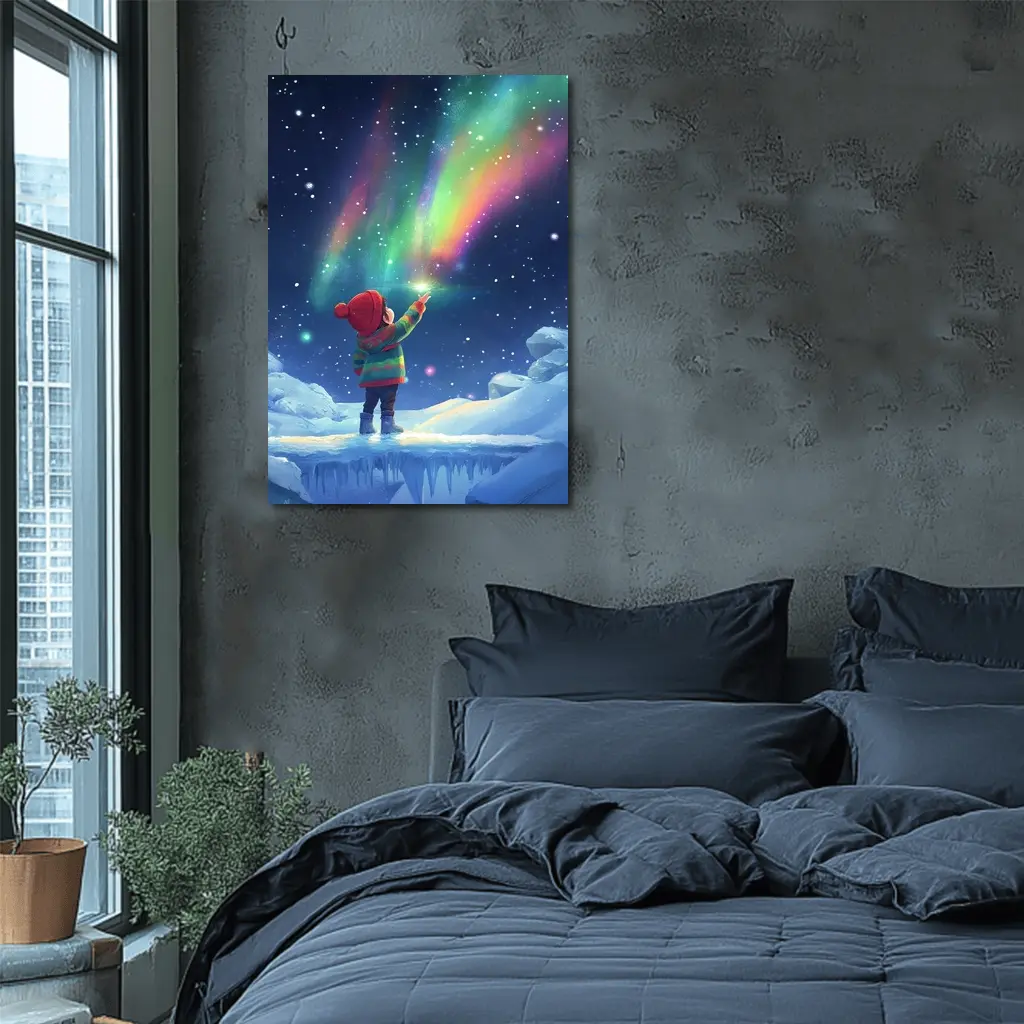 Child Pointing at Northern Lights Winter Night – Wall Art