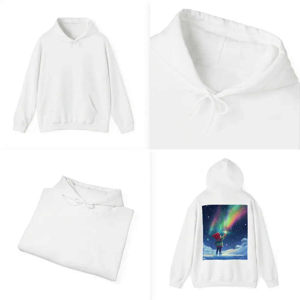 Child Pointing at Northern Lights Winter Night – Hoodies