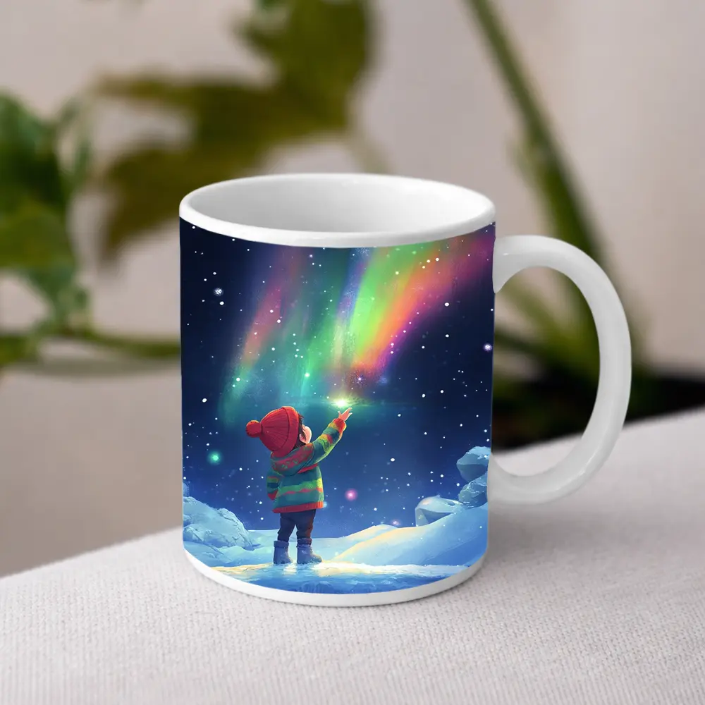 Child Pointing at Northern Lights Winter Night – Mugs