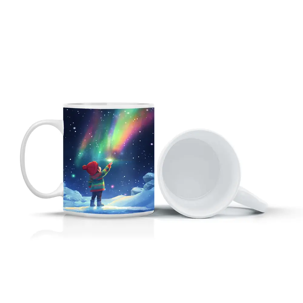 Child Pointing at Northern Lights Winter Night – Mugs