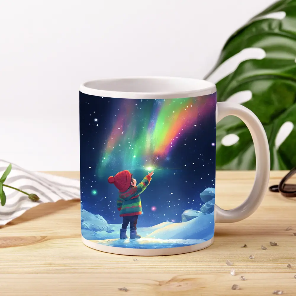 Child Pointing at Northern Lights Winter Night – Mugs