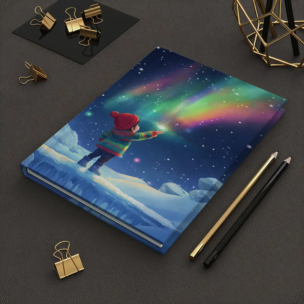Child Pointing at Northern Lights Winter Night – Notebooks