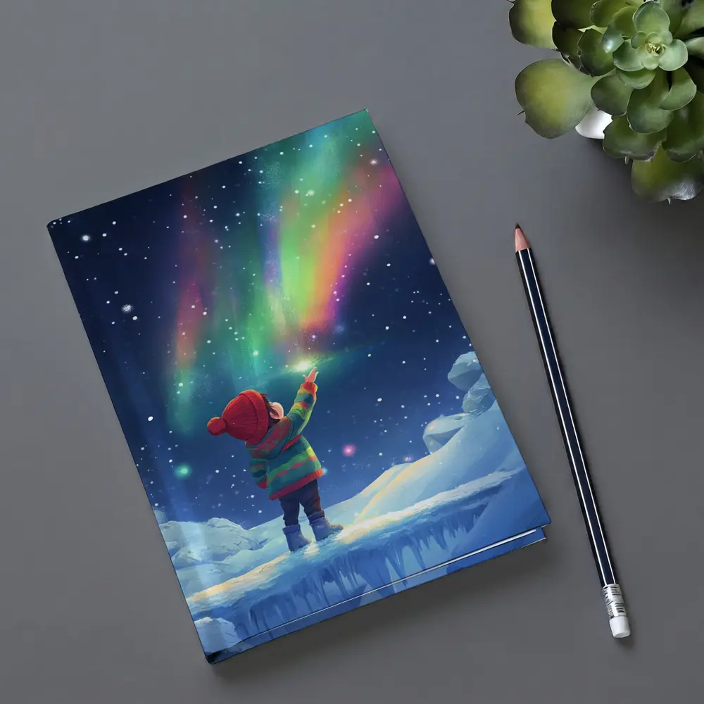 Child Pointing at Northern Lights Winter Night – Notebooks
