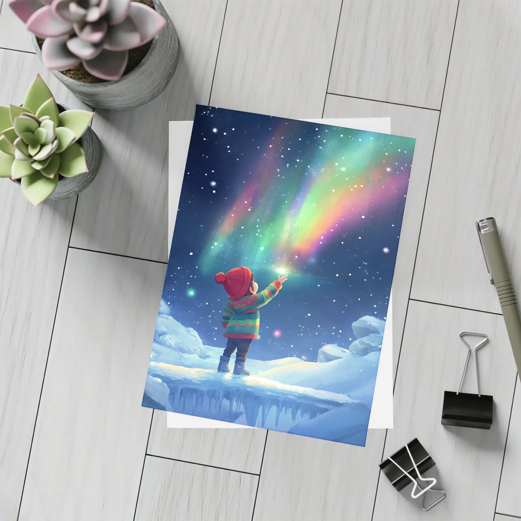 Child Pointing at Northern Lights Winter Night – Postcards
