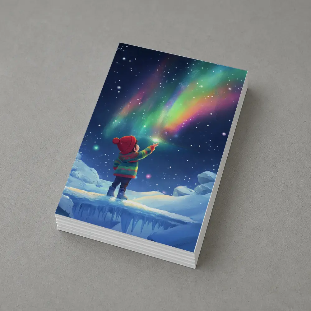 Child Pointing at Northern Lights Winter Night – Postcards