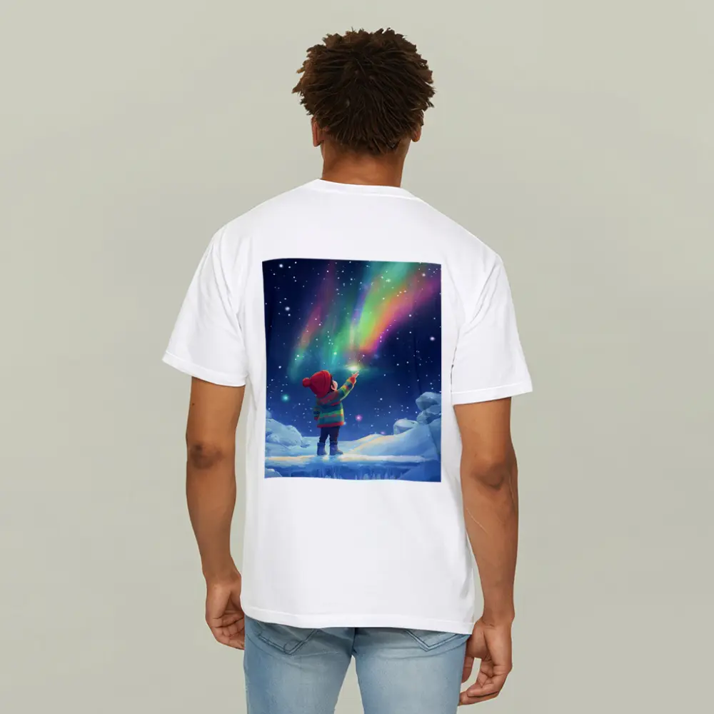 Child Pointing at Northern Lights Winter Night – T-Shirts