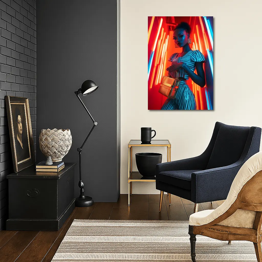 Woman in Stripes Neon Light Fashion Portrait – Wall Art