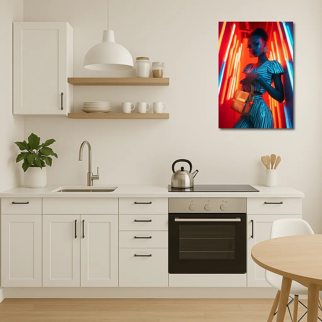 Woman in Stripes Neon Light Fashion Portrait – Wall Art