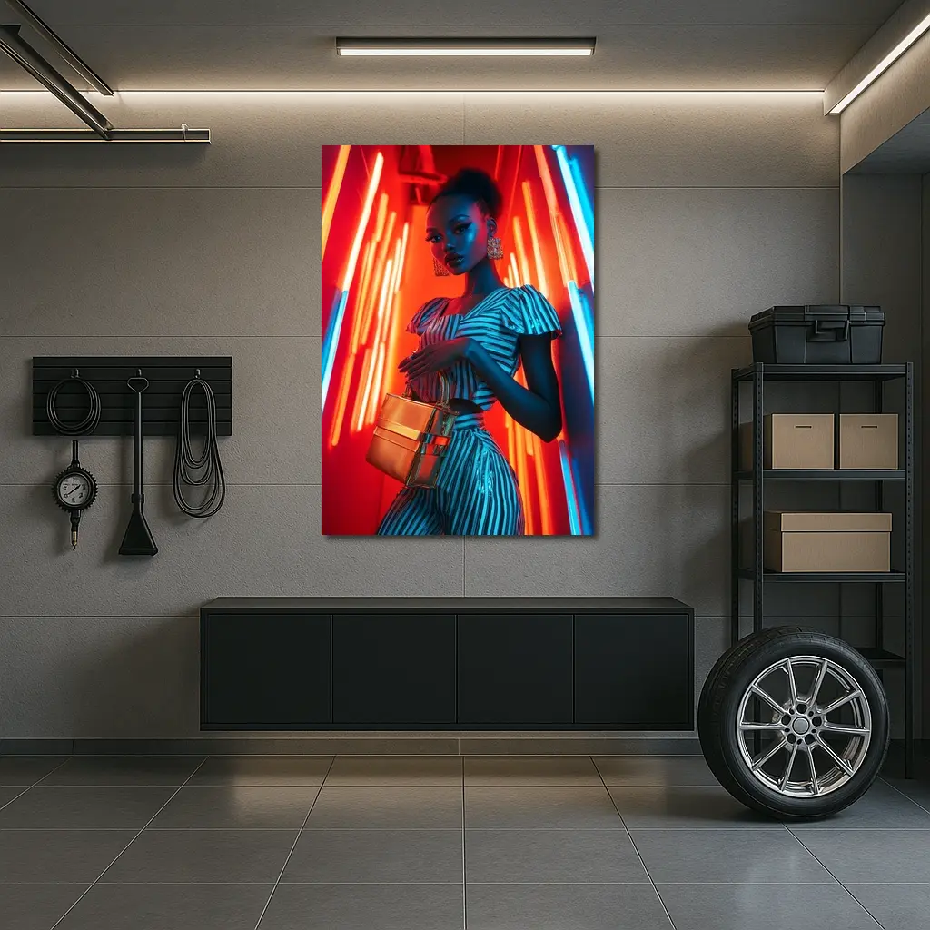 Woman in Stripes Neon Light Fashion Portrait – Wall Art