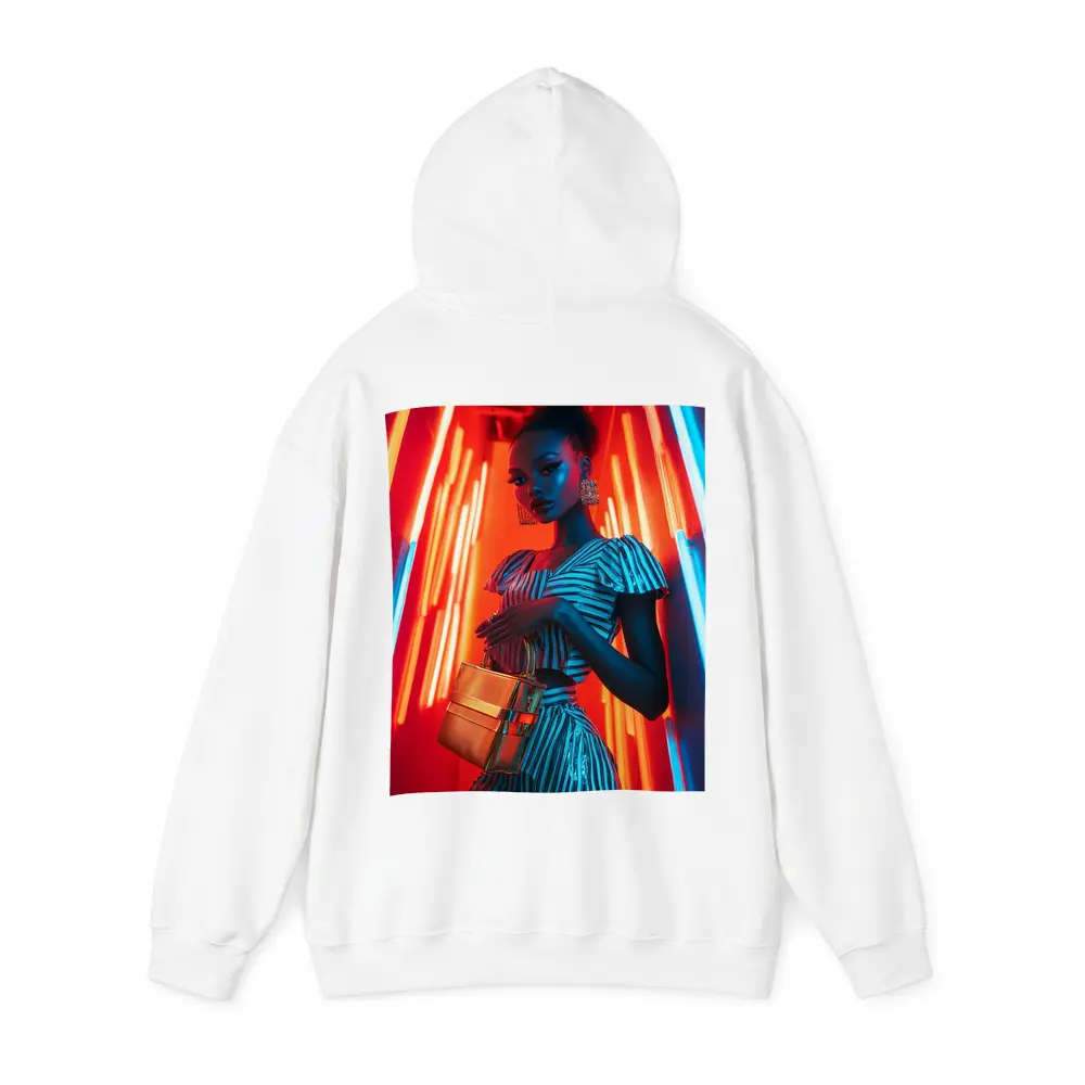 Woman in Stripes Neon Light Fashion Portrait – Hoodies