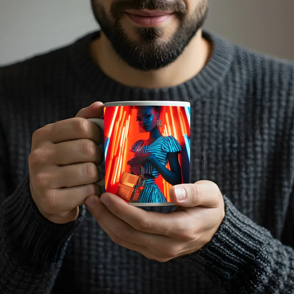 Woman in Stripes Neon Light Fashion Portrait – Mugs