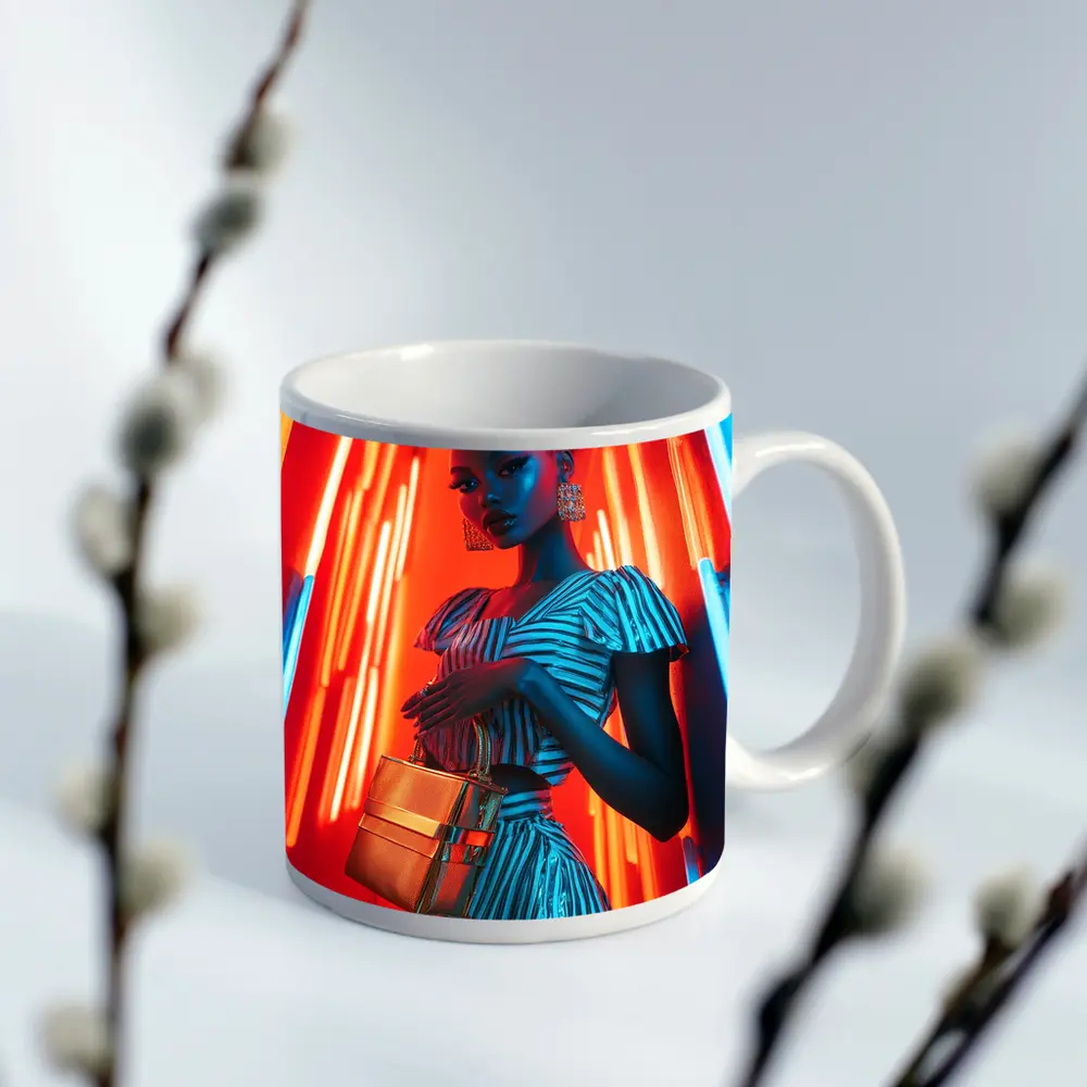 Woman in Stripes Neon Light Fashion Portrait – Mugs