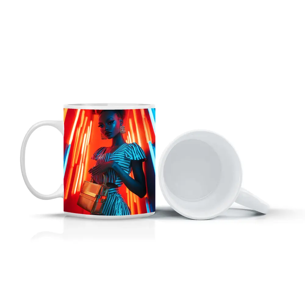 Woman in Stripes Neon Light Fashion Portrait – Mugs