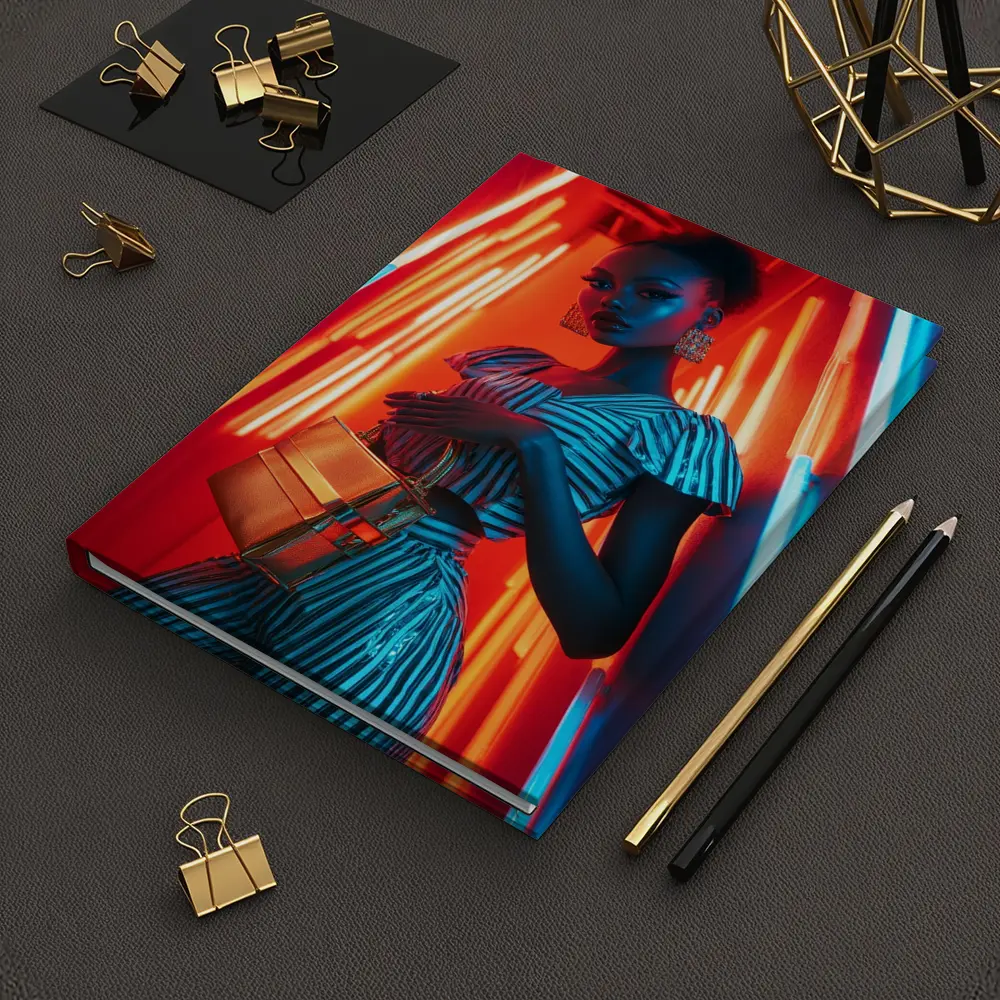 Woman in Stripes Neon Light Fashion Portrait – Notebooks