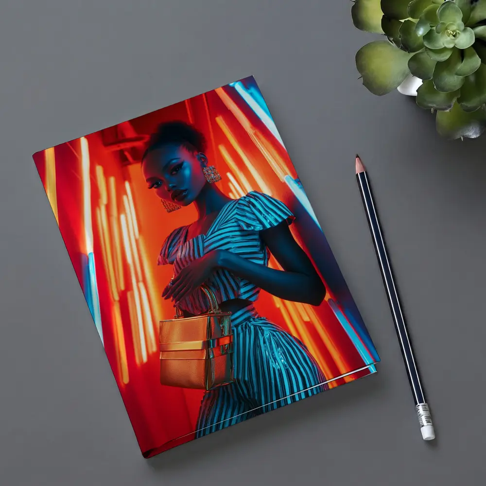 Woman in Stripes Neon Light Fashion Portrait – Notebooks