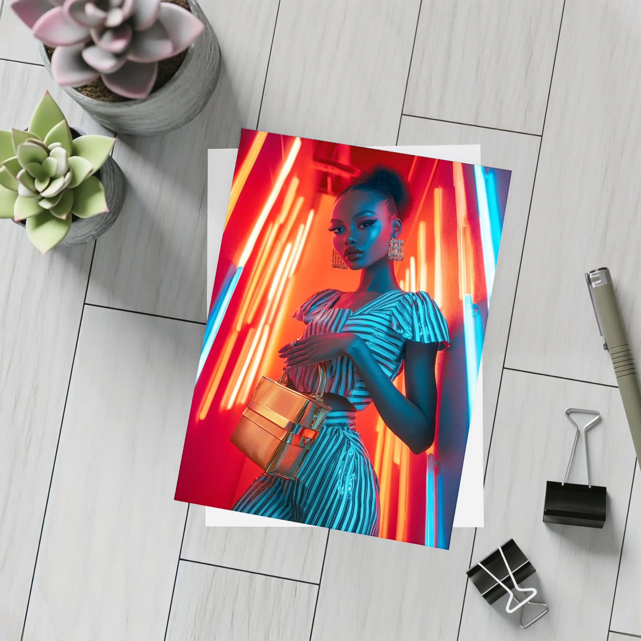 Woman in Stripes Neon Light Fashion Portrait – Postcards