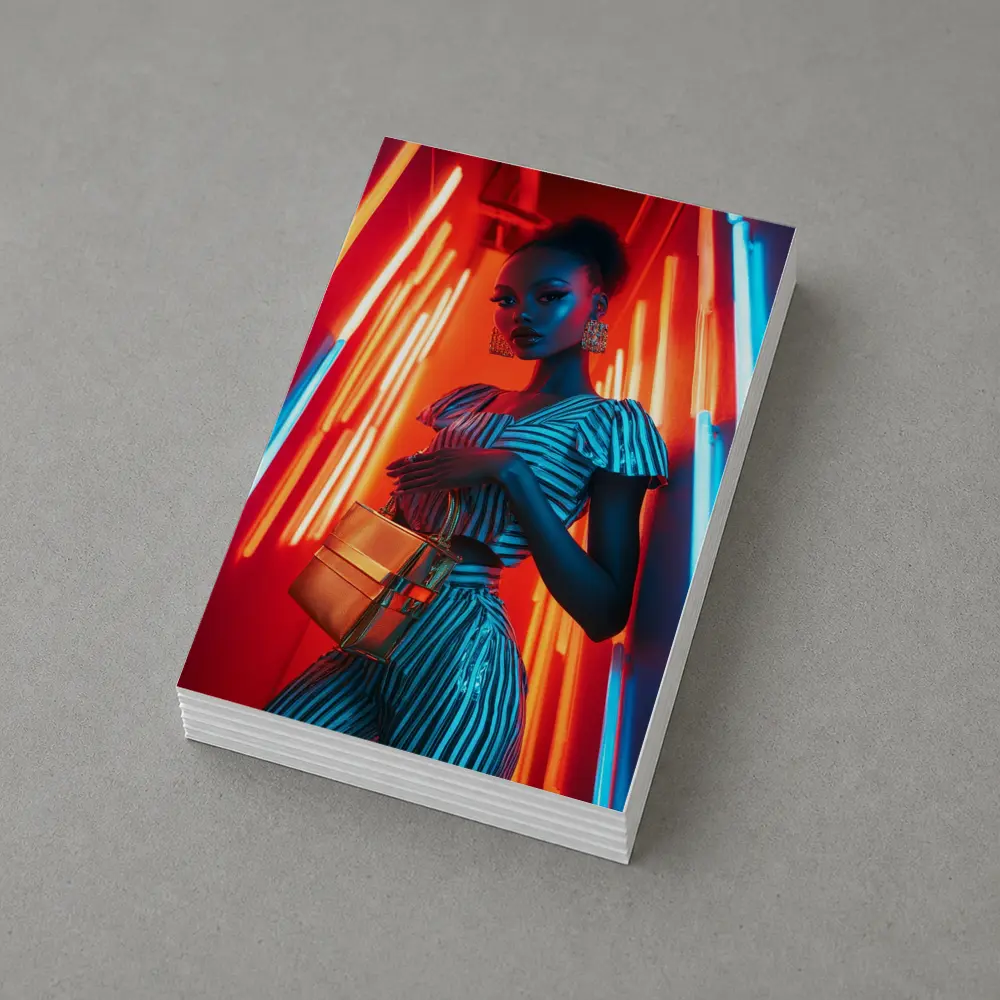 Woman in Stripes Neon Light Fashion Portrait – Postcards