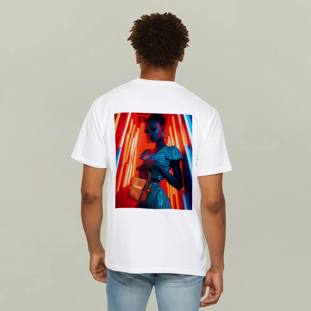 Woman in Stripes Neon Light Fashion Portrait – T-Shirts