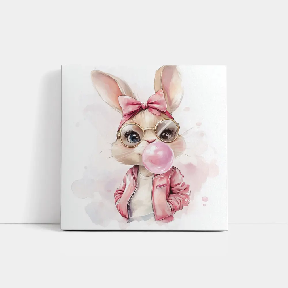 Cool Bunny Girl Blowing Bubblegum Pink Art – Wall Art
