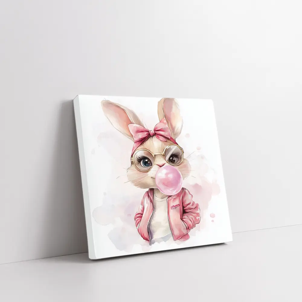 Cool Bunny Girl Blowing Bubblegum Pink Art – Wall Art