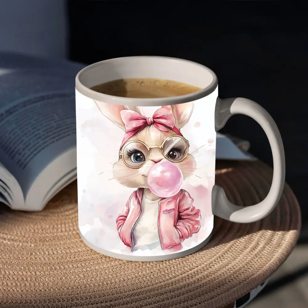 Cool Bunny Girl Blowing Bubblegum Pink Art – Mugs